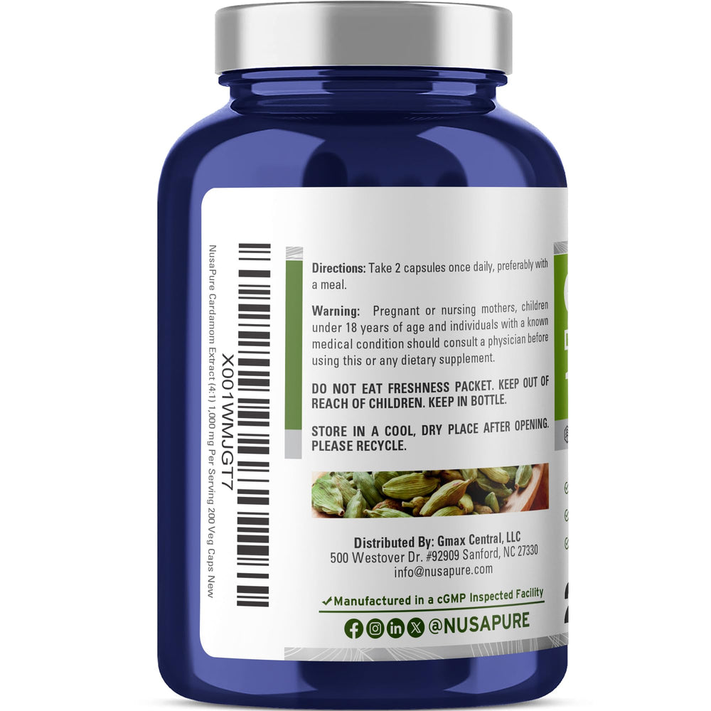 NusaPure label artwork on cardamom capsules bottle indicating quality manufacturing.