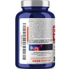 NusaPure DHEA 100mg label detail highlighting ingredients and quality standards.