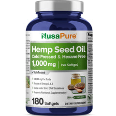 NusaPure Hemp Seed Oil 1000mg bottle highlighting premium softgels for daily wellness