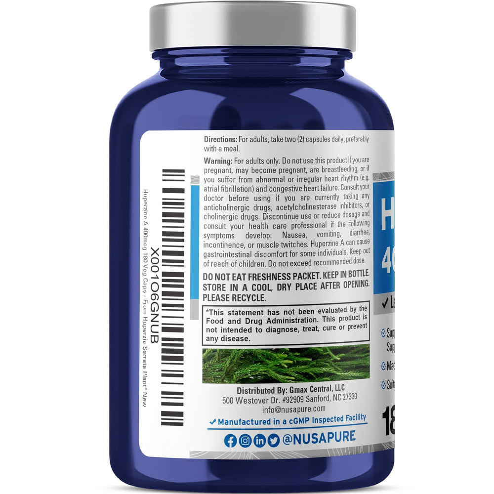 NusaPure Huperzine A 400 mcg label highlighting quality sourcing and USA manufacturing