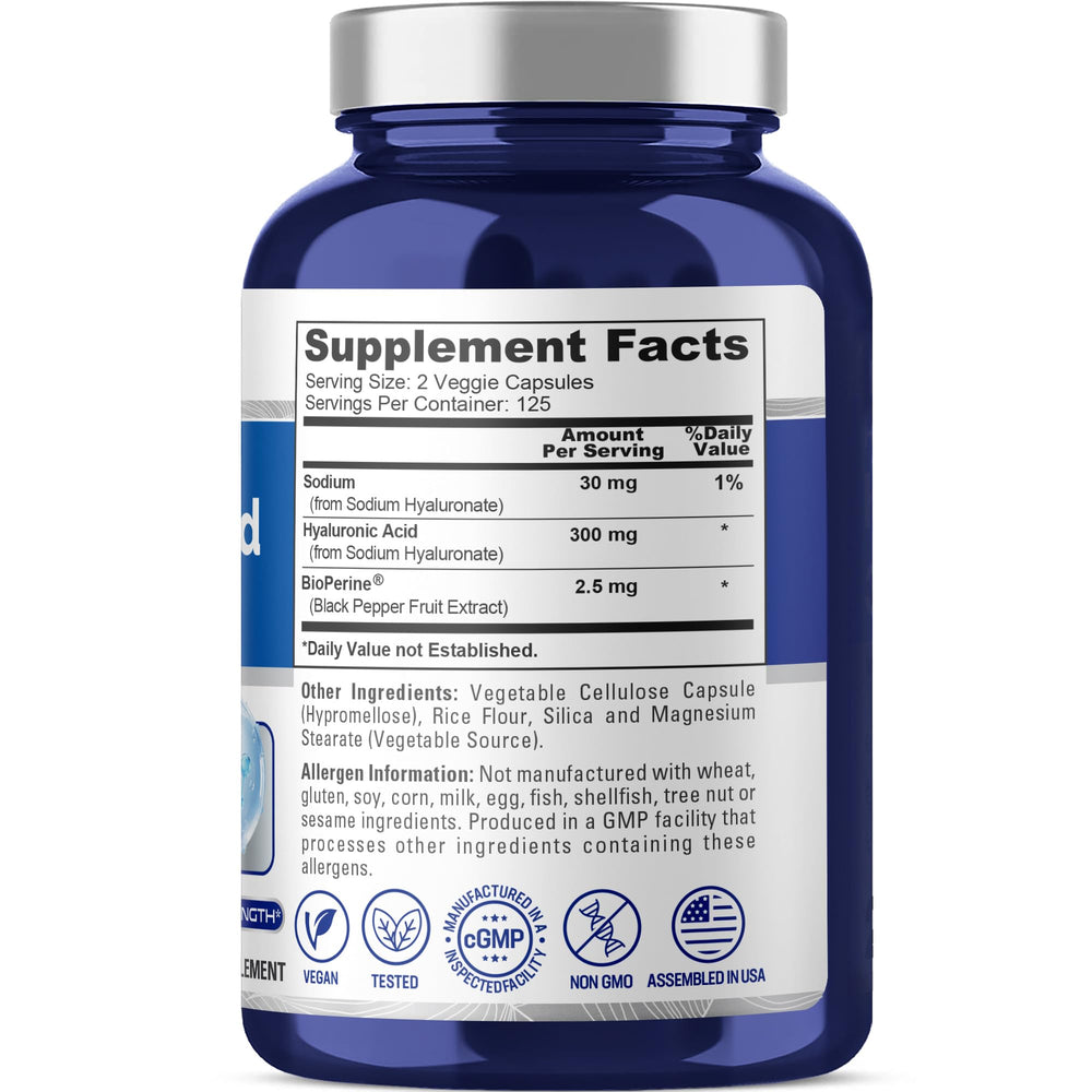 NusaPure Hyaluronic Acid capsules close-up showing vegan capsules