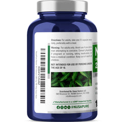 NusaPure Neem bottle label highlights vegan non-GMO formula