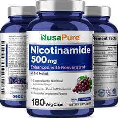 NusaPure Nicotinamide with Resveratrol jar spine view highlighting quality standards.