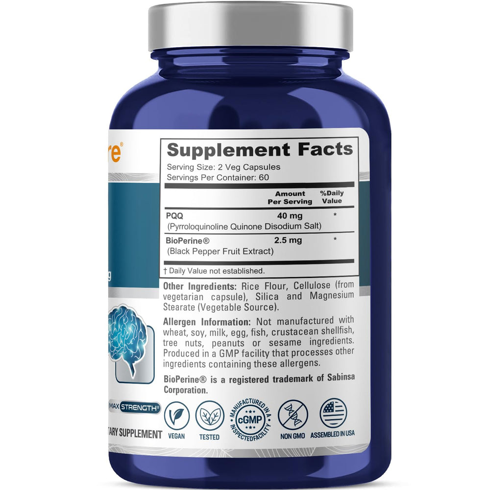 Close up of NusaPure PQQ bottle label with ingredients and non GMO note