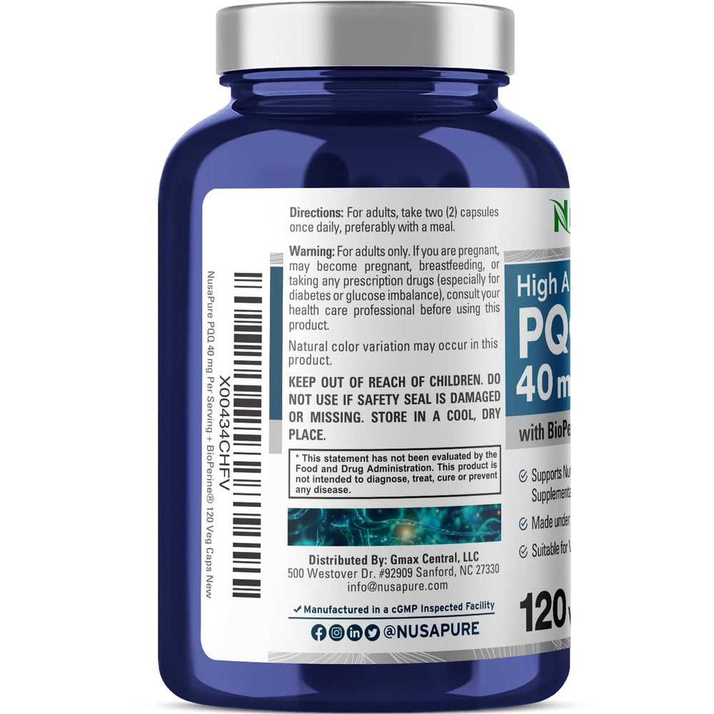 NusaPure PQQ serving size panel showing 2 capsules per serving