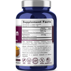 NusaPure Quercetin capsules close up show veggie formulation and dosage.