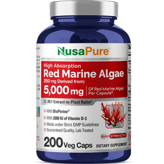 NusaPure Red Marine Algae bottle shown for convenient daily wellness.