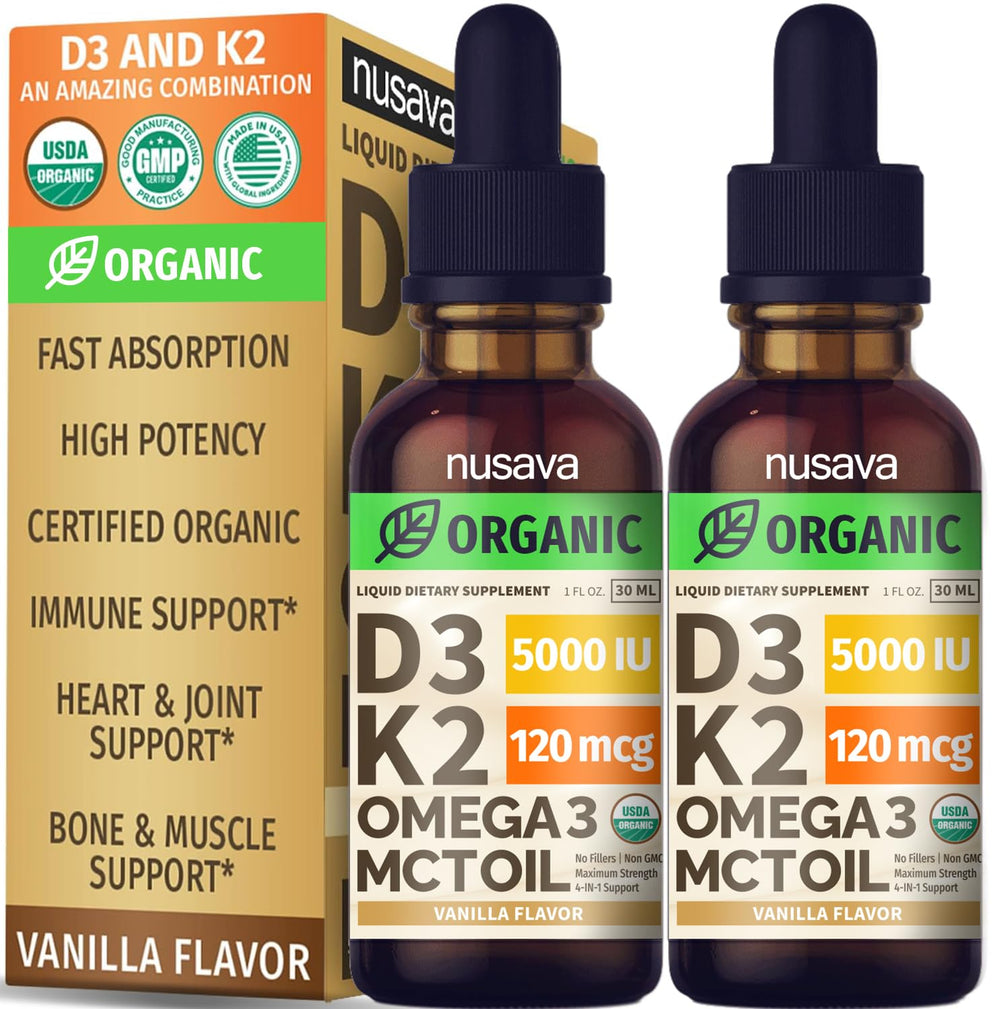 NUSAVA 2-pack bottle of Vitamin D3 K2 Drops with vanilla flavor.