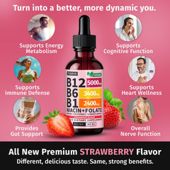 NUSAVA B12 drops side label, vegan and non GMO benefits.