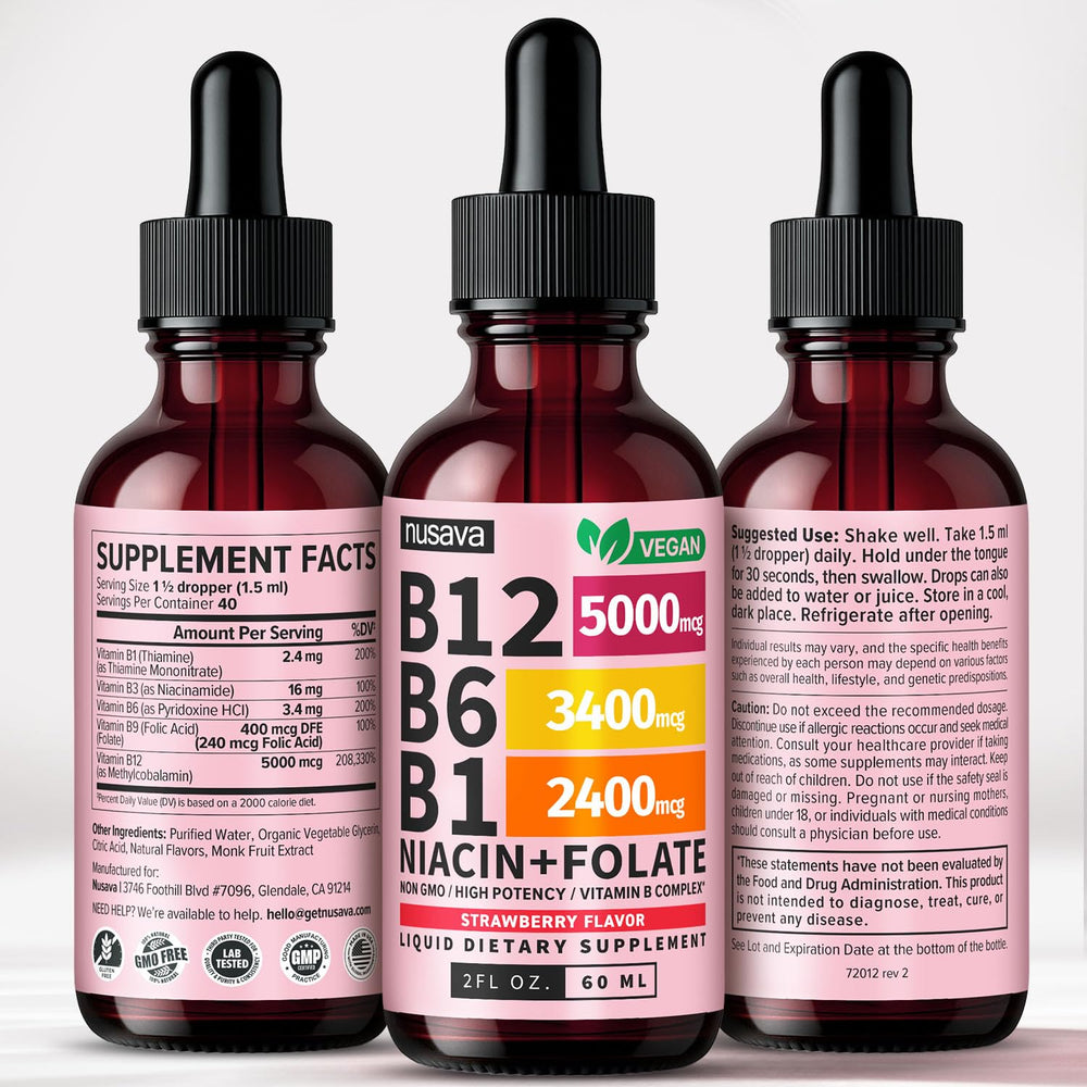 NUSAVA B12 drops strawberry flavor bottle invites taste.