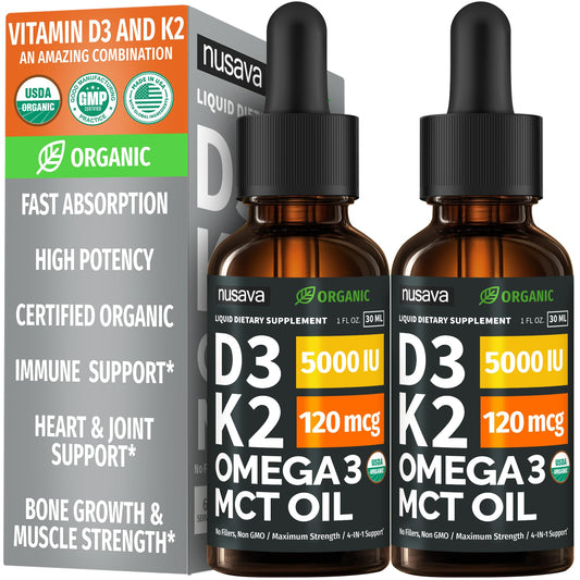 NUSAVA D3 K2 Drops 2-pack bottle showcases potent dosing for daily wellness.