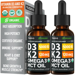 NUSAVA D3 K2 Drops 2-pack bottle showcases potent dosing for daily wellness.