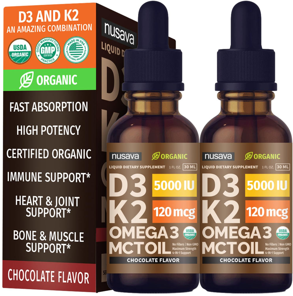 NUSAVA D3 K2 drops bottle with chocolate flavor promoting convenient daily intake