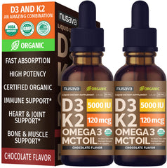 NUSAVA D3 K2 drops bottle with chocolate flavor promoting convenient daily intake