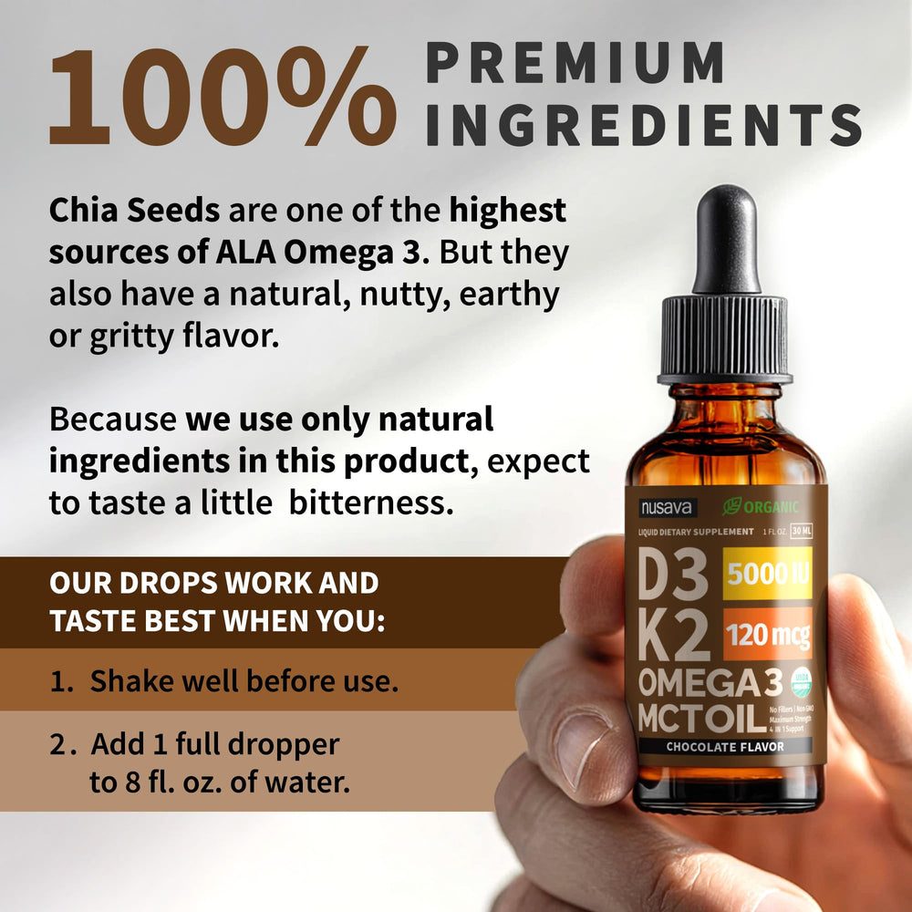 NUSAVA D3 K2 drops serving in glass highlights chocolate flavor and dosage