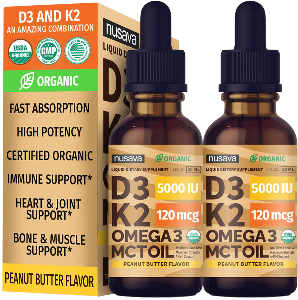 NUSAVA D3 K2 drops in peanut butter bottle for convenient daily immune support.
