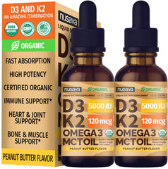 NUSAVA D3 K2 drops in peanut butter bottle for convenient daily immune support.