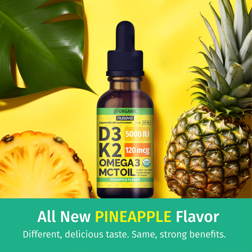 NUSAVA D3 K2 liquid drops pineapple with dropper for faster uptake.