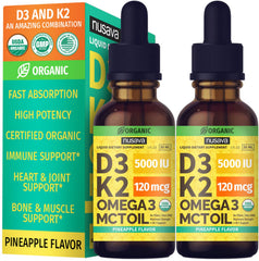 NUSAVA organic D3 K2 drops pineapple bottle for daily immune support and absorption.