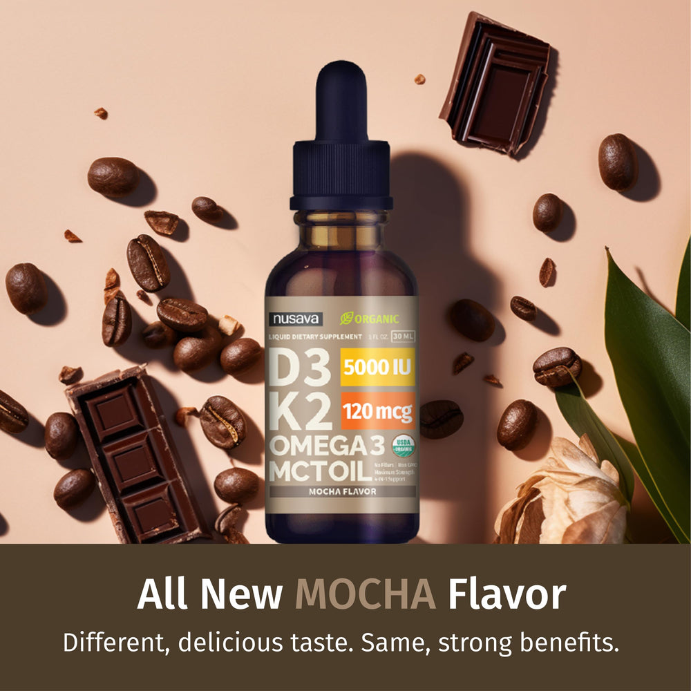NUSAVA Mocha drops with dropper for precise dosing at home.