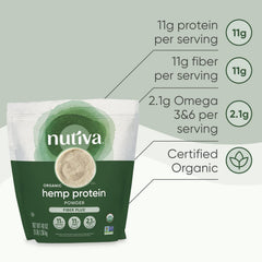 Nutiva hemp protein powder beside raw hemp seeds for nutrition