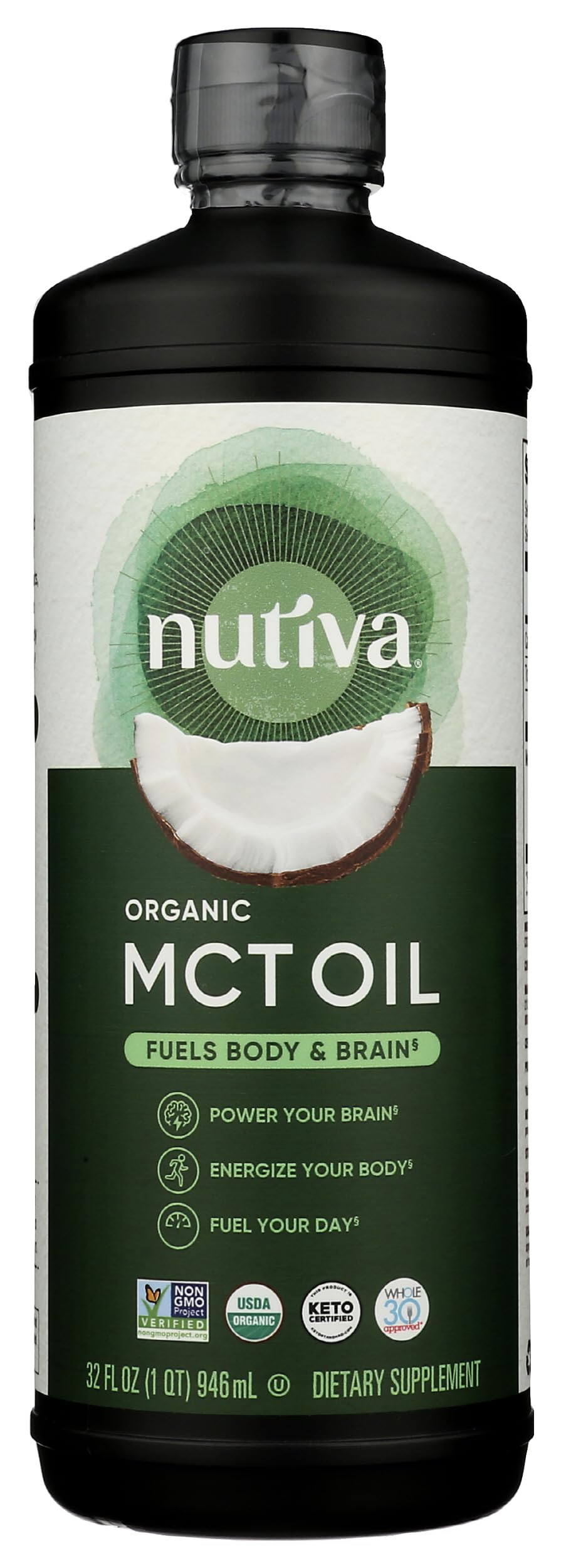 Nutiva Organic MCT Oil bottle pouring for a smooth energy boost in coffee.