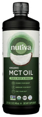 Nutiva Organic MCT Oil bottle pouring for a smooth energy boost in coffee.