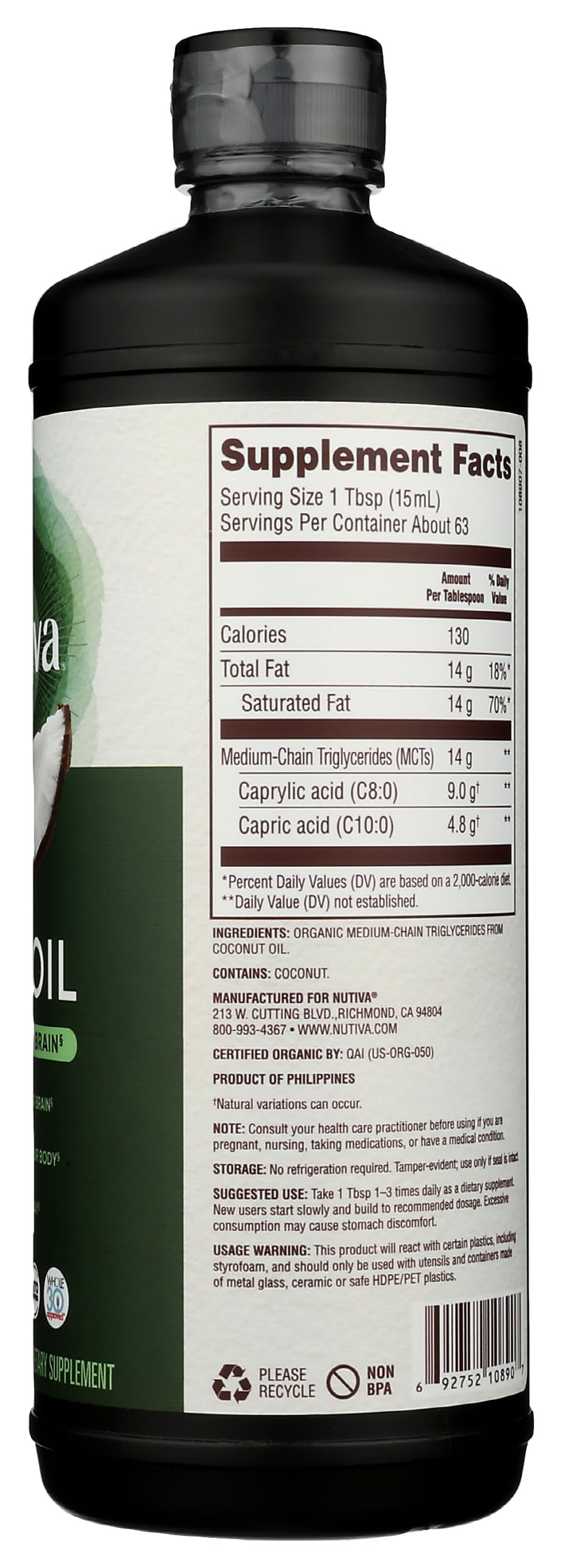Nutiva MCT Oil on the kitchen counter beside a bottle and cup.