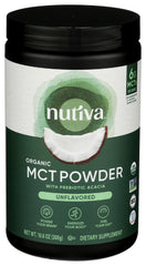 Nutiva Organic MCT Powder bottle demonstrates a creamy texture and quick energy in drinks.