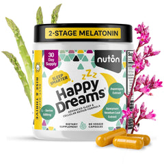 Nuton Happy Dreams bottle front view highlights natural sleep support