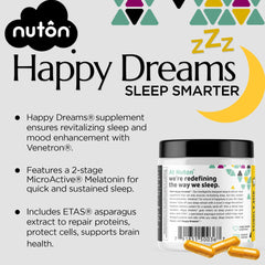 Nuton Happy Dreams bottle label showing 60 veggie capsules for non-habit forming rest