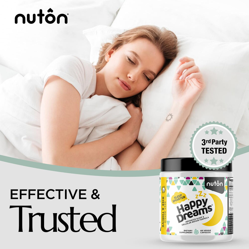 Nuton Happy Dreams packaging box with lifestyle shot for convenient sleep routine