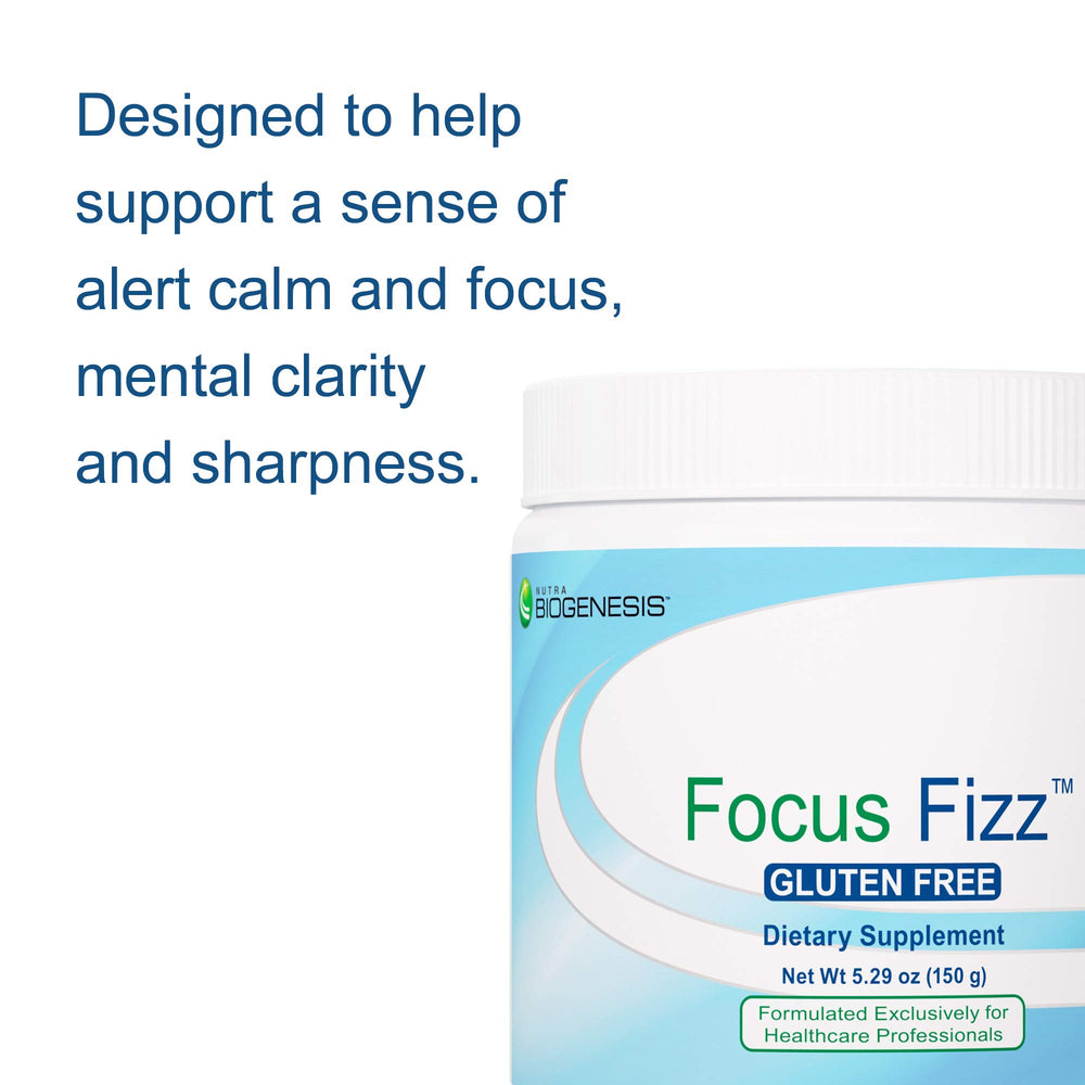 Nutra BioGenesis Focus Fizz bottle beside a glass shows convenient on-the-go mix