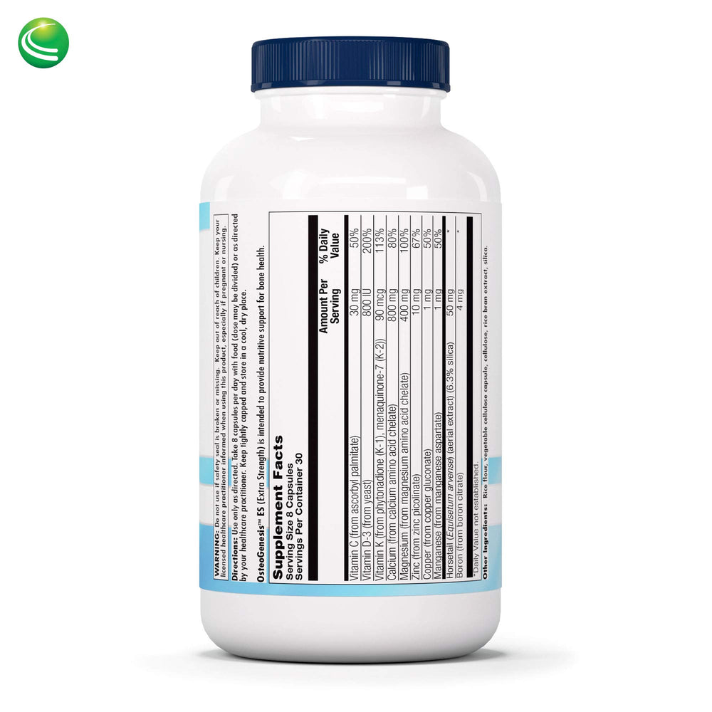 Close-up of Nutra BioGenesis Osteogenesis capsules highlighting calcium and minerals