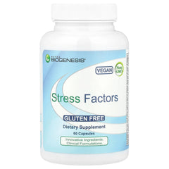 Nutra BioGenesis Stress Factors bottle shown for calm support during occasional stress.