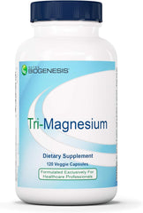 Nutra BioGenesis Tri-Magnesium bottle pouring, highlighting high-absorption magnesium