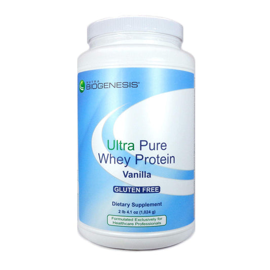 Nutra BioGenesis Ultra Pure Whey Chocolate front-label jar with gluten-free protein highlight