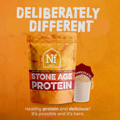 Nutra-Farms Stone Age Protein powder scoop highlights easy mix into a shaker.