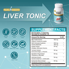 Nutra Seasons Liver Tonic ingredients panel featuring silymarin and NAC for antioxidant support.