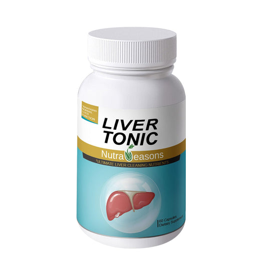 Nutra Seasons Liver Tonic bottle with new packaging highlighting liver support potential.