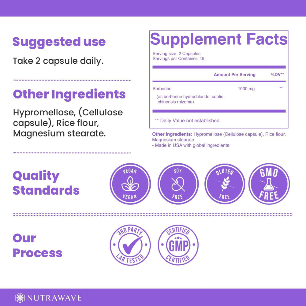 Nutra Wave bottle label highlights vegan gluten-free Berberine for metabolic balance