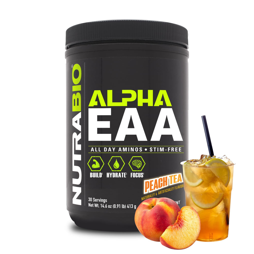 NutraBio Alpha EAA Peach Tea bottle pours, highlighting full-spectrum amino acids for recovery