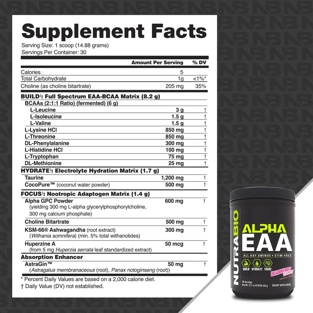 NutraBio Alpha EAA daily scoop enables easy intra- and post-workout fueling.