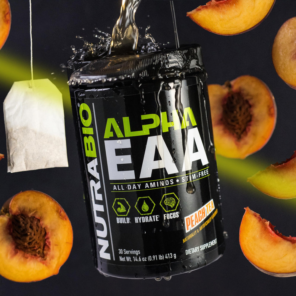 NutraBio Alpha EAA dissolves in water, showing quick mix for hydration during workouts