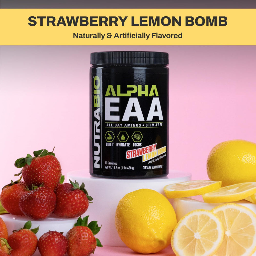 NutraBio Alpha EAA glass with stir shows mixed, ready-to-drink hydration option.