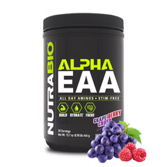 NutraBio Alpha EAA grape-berry-crush bottle highlighting flavor for all-day amino hydration