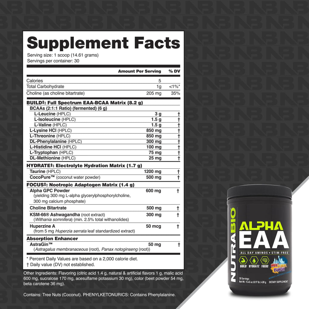 NutraBio Alpha EAA powder being dispensed for easy mixing