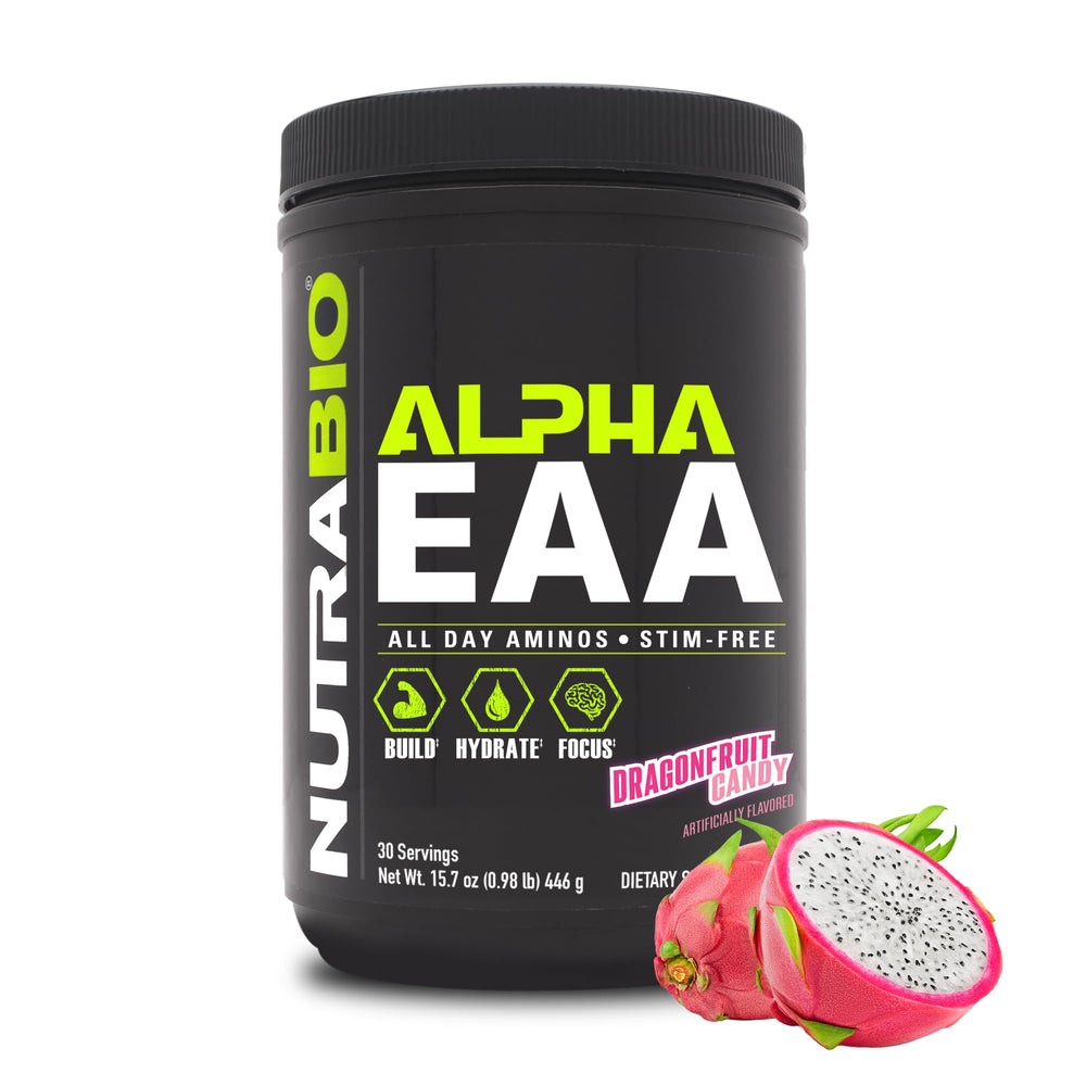 NutraBio Alpha EAA powder in a jar supports lean muscle growth and recovery.