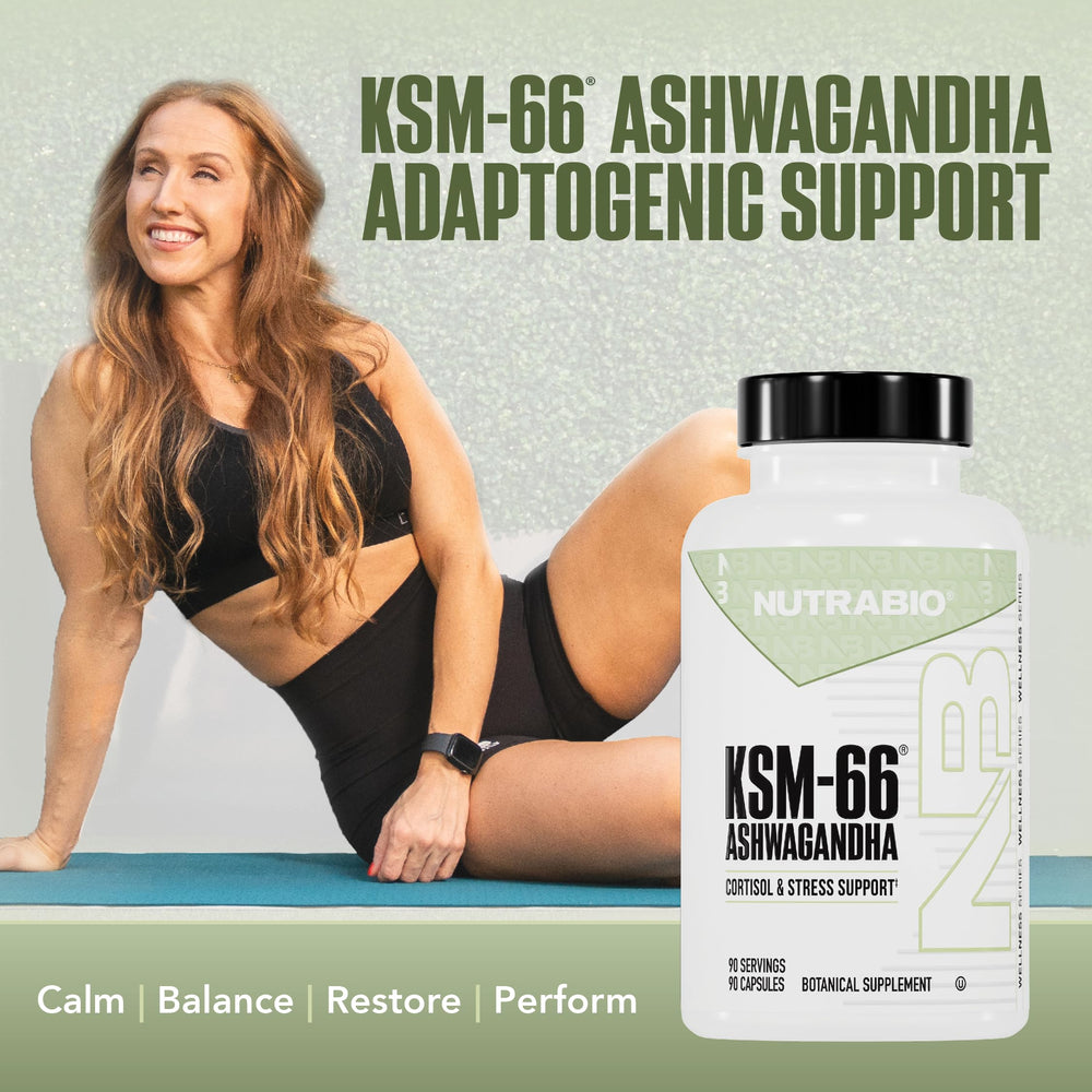 NutraBio Ashwagandha KSM-66 capsules closeup showing easy-to-swallow form.
