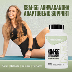 NutraBio Ashwagandha KSM-66 capsules closeup showing easy-to-swallow form.